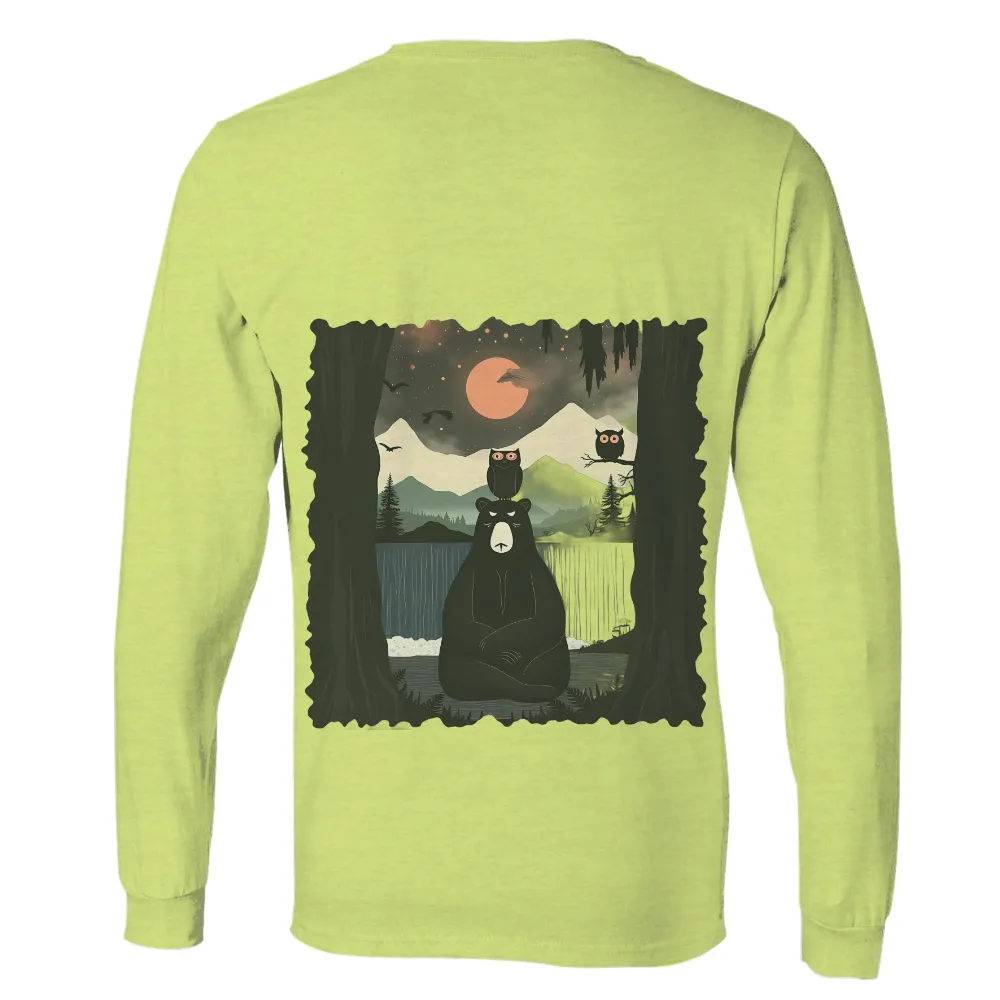 TShirt Printing: Serene Bear and Owls Under the Moon| Full moon over mountains