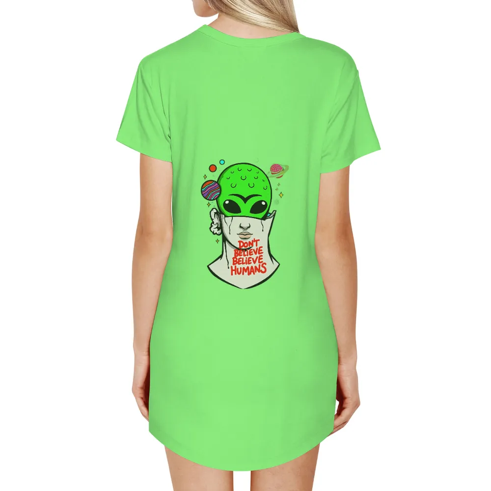 T-Shirts Design: Don't Believe Humans - Alien Brain, Planets, Stars|Human head with exposed alien brain