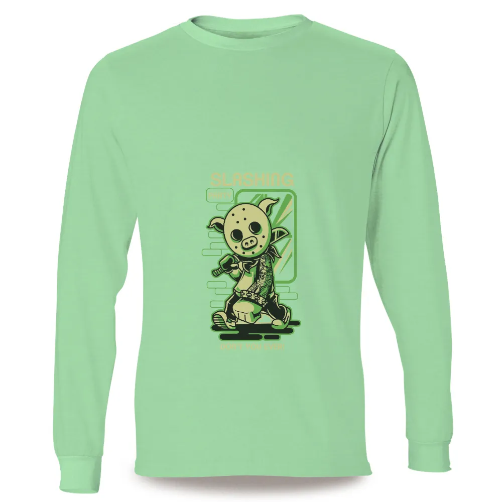 T-Shirts Design: Cute Horror Pig with Hockey Mask and Microphone|friends shirt with black cartoon characters