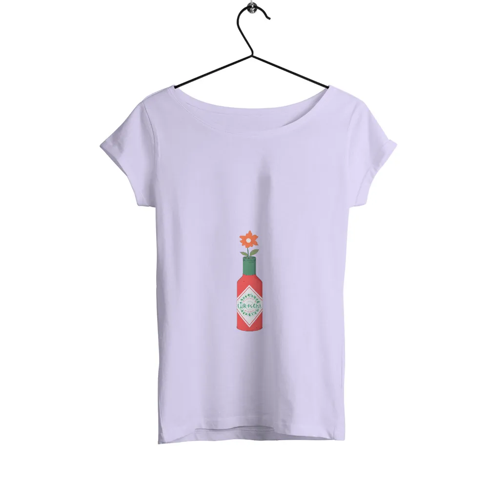 Custom T-Shirt Printing: Hot Sauce Bottle with Flower - Unexpected Beauty| white center