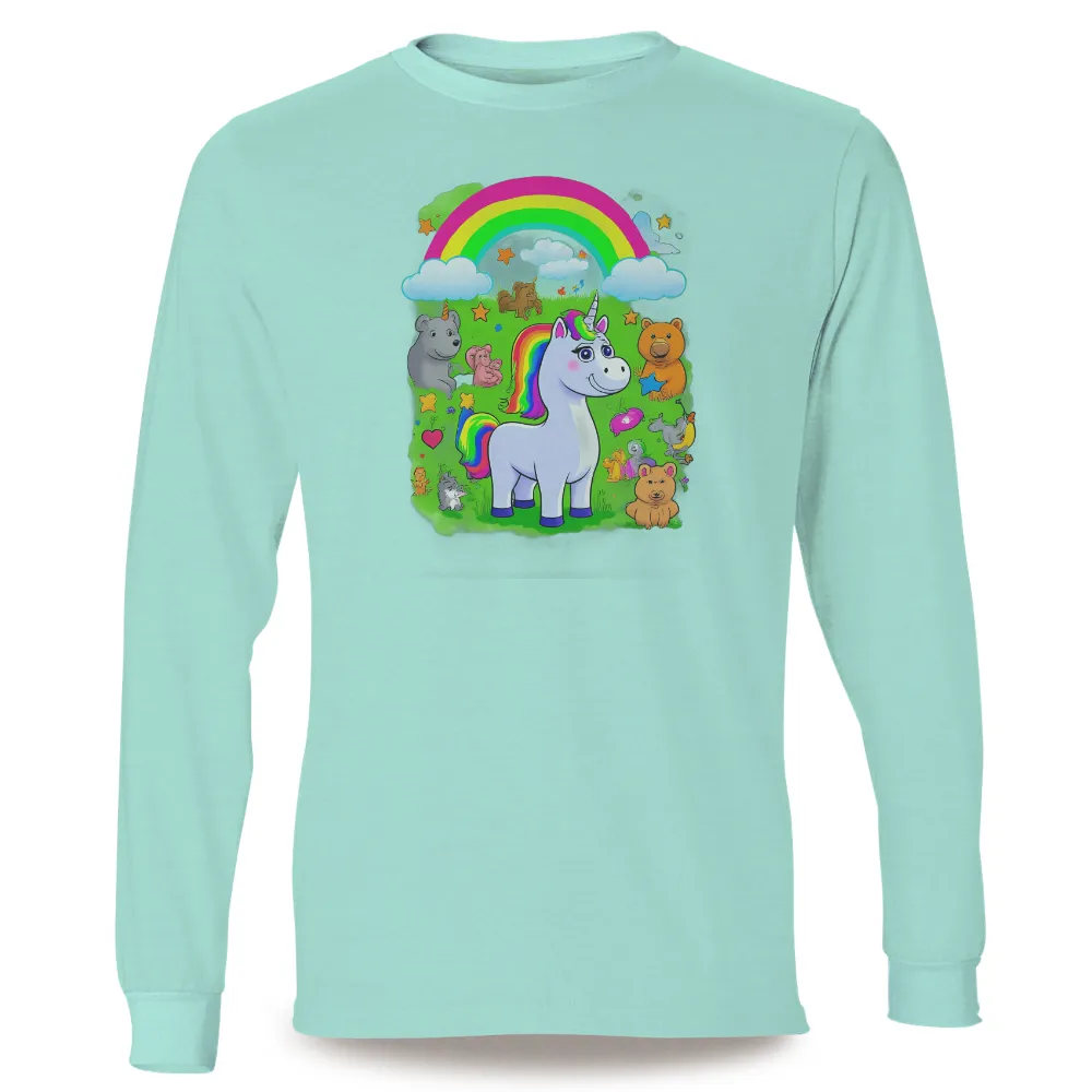 Custom Tee Shirts: Luna the Unicorn - A Celebration of Joy and Wonder| Lush green field with animals