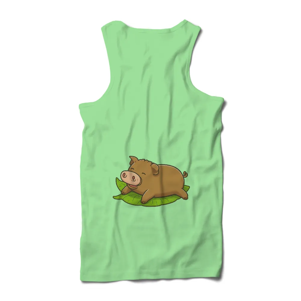 T-Shirts Design: Percy the Happy Pig Resting on a Leaf| happy pig design