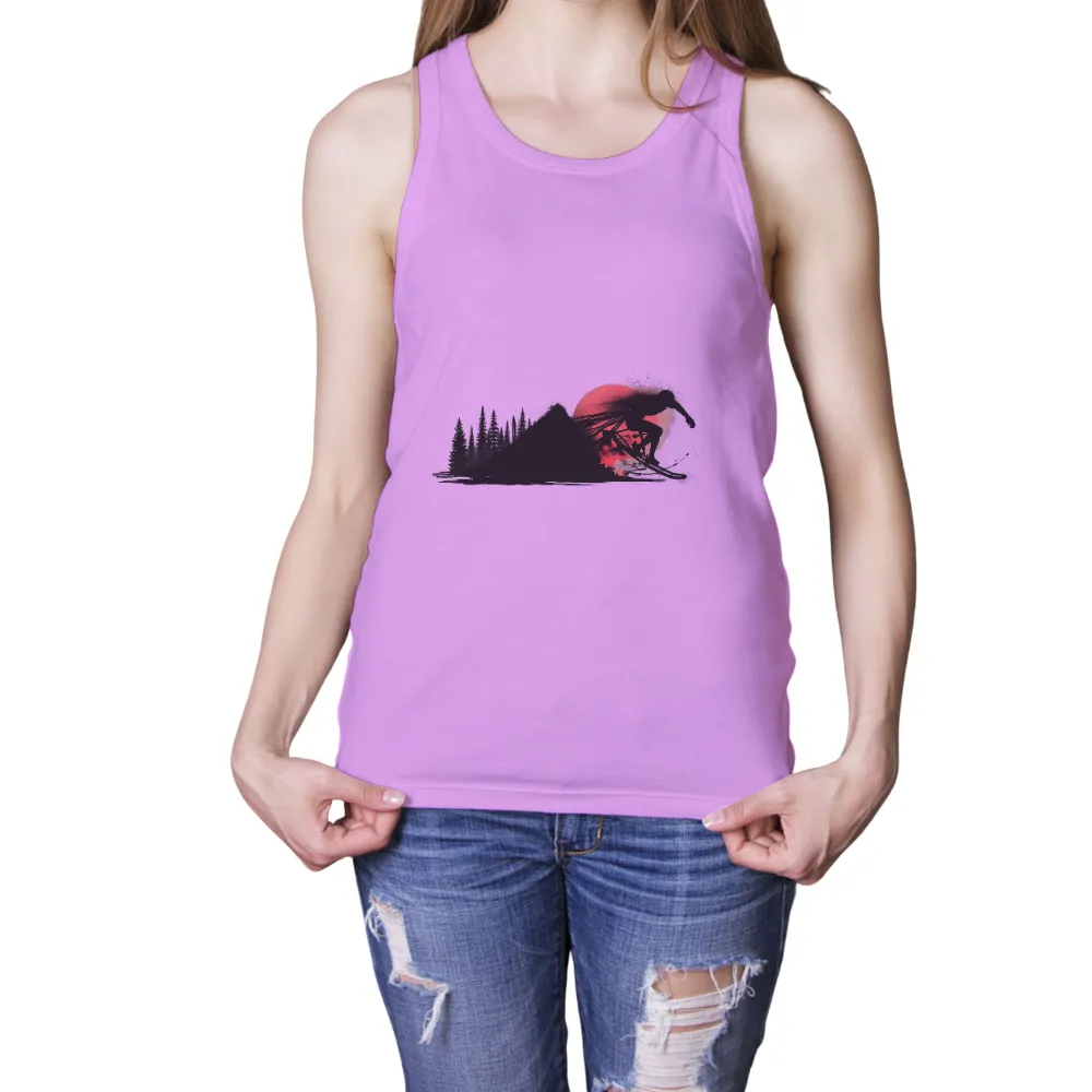 Custom T-Shirt Printing: Skier Soaring Against Red Moon| vibrant red moon