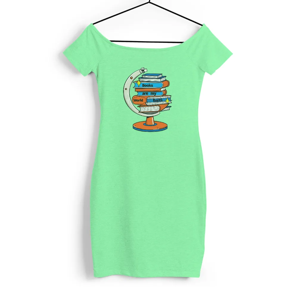 Tee Shirts Printed: Books Are My World - Reading Adventure|Stack of books forming a globe