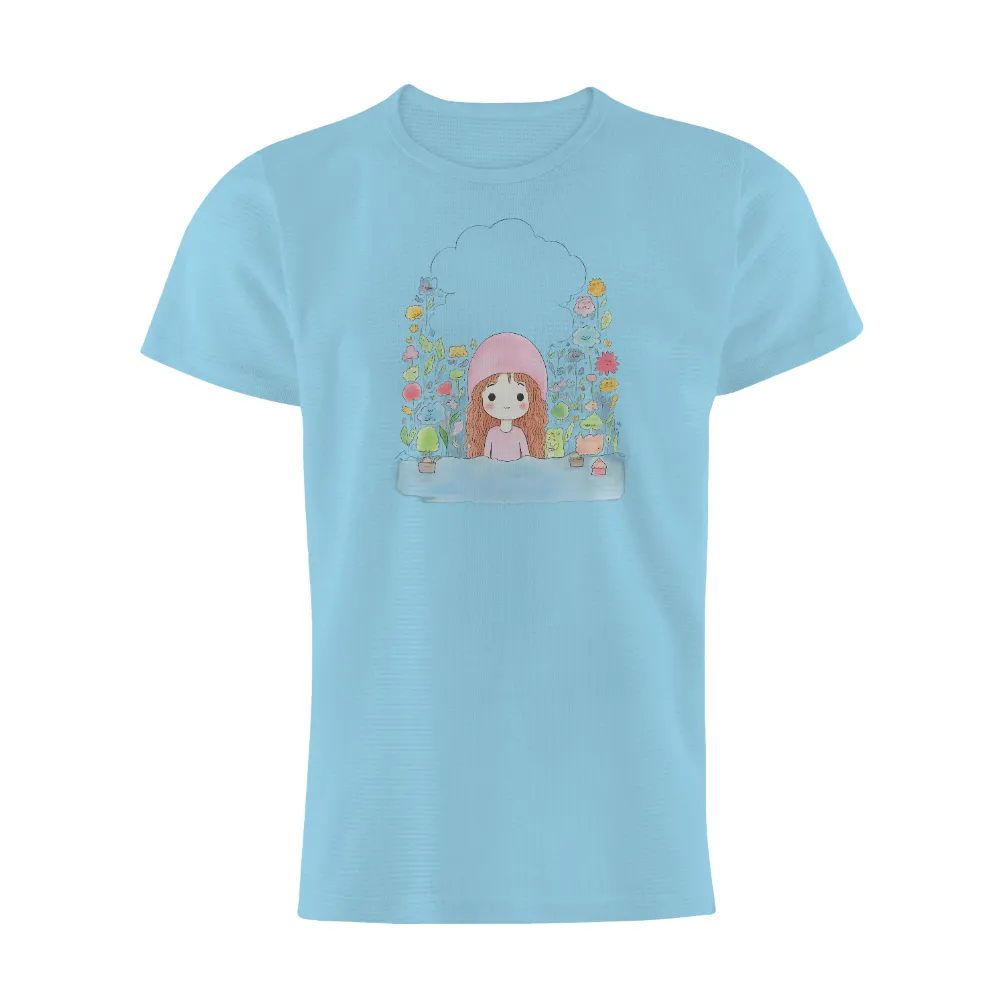 Shirts Graphic Tees | Embrace Life's Dualities with Lily's Serene River Design| Pink hat on Lily's head