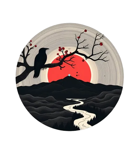 TShirt Design: Crow Perched on a Branch at Sunset