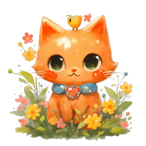 Whimsical Orange Cat in a Flower Garden Art Design