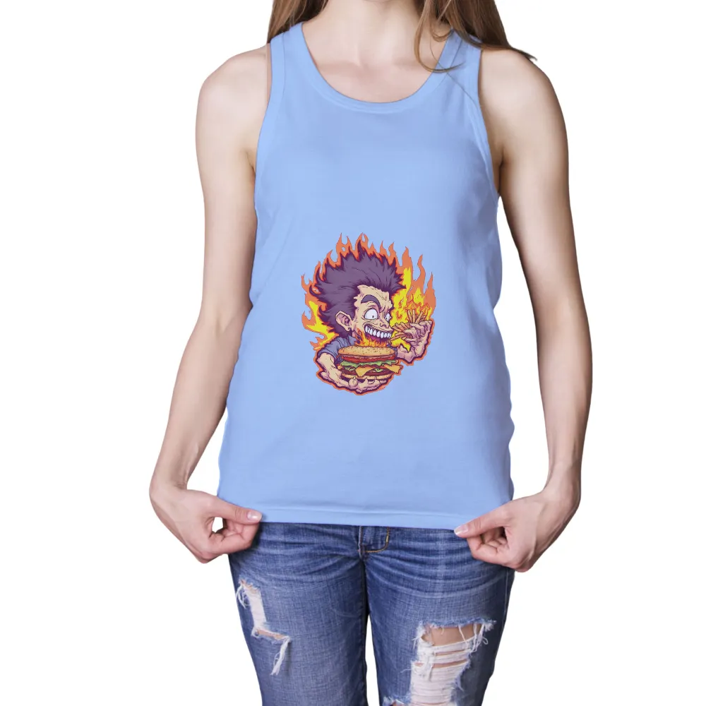 Customized Tee Shirts: Reckless Fun with Flames and Burger| Flames surrounding the character