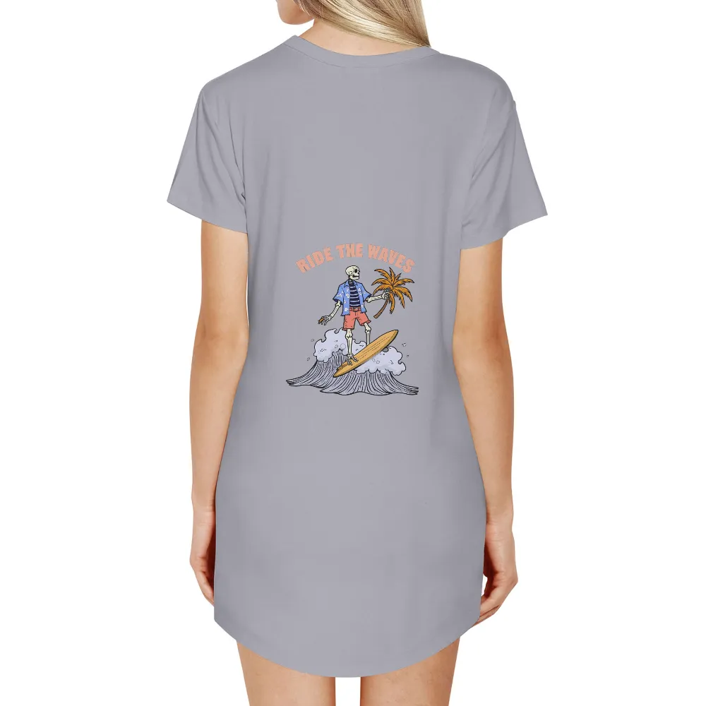 T-Shirts Custom: Skeleton Surfer Riding the Waves|Ride the waves text