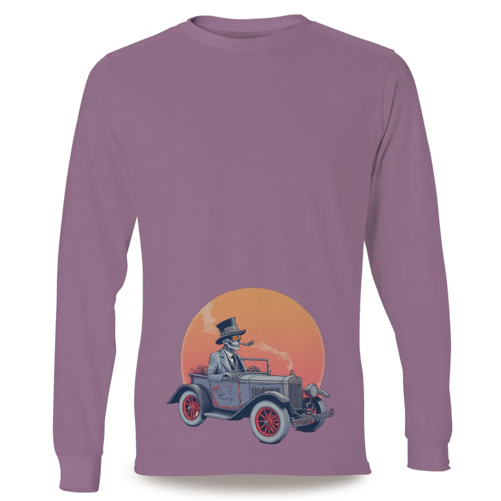 Vintage Skeleton Design with Classic Car and Warm Orange Sun|nostalgia t shirts online