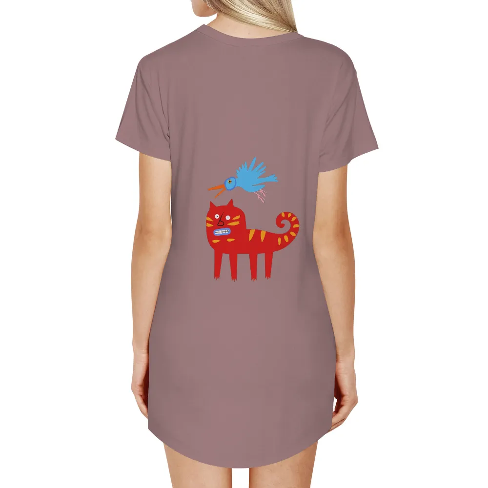 Custom T-Shirt Printing: Whimsical Red Cat and Blue Bird Friendship|Red cat with blue braces