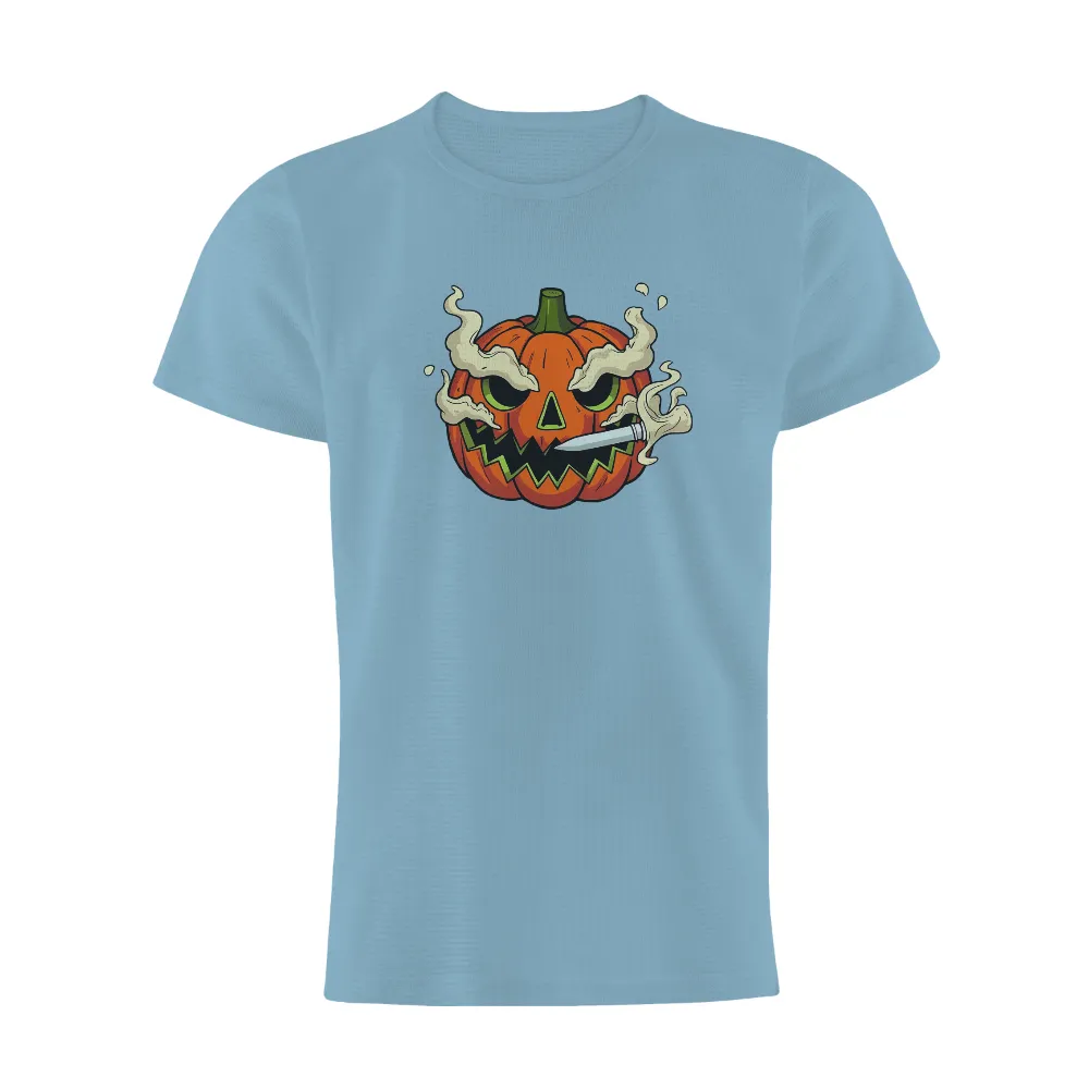 Custom Tee Shirts: Spooky Pumpkin with Knife for Halloween| Spooky pumpkin with smoke