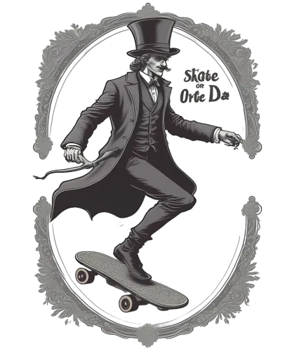 Custom Vintage Skateboard Design: Gentleman on Skateboard - Skate or Die