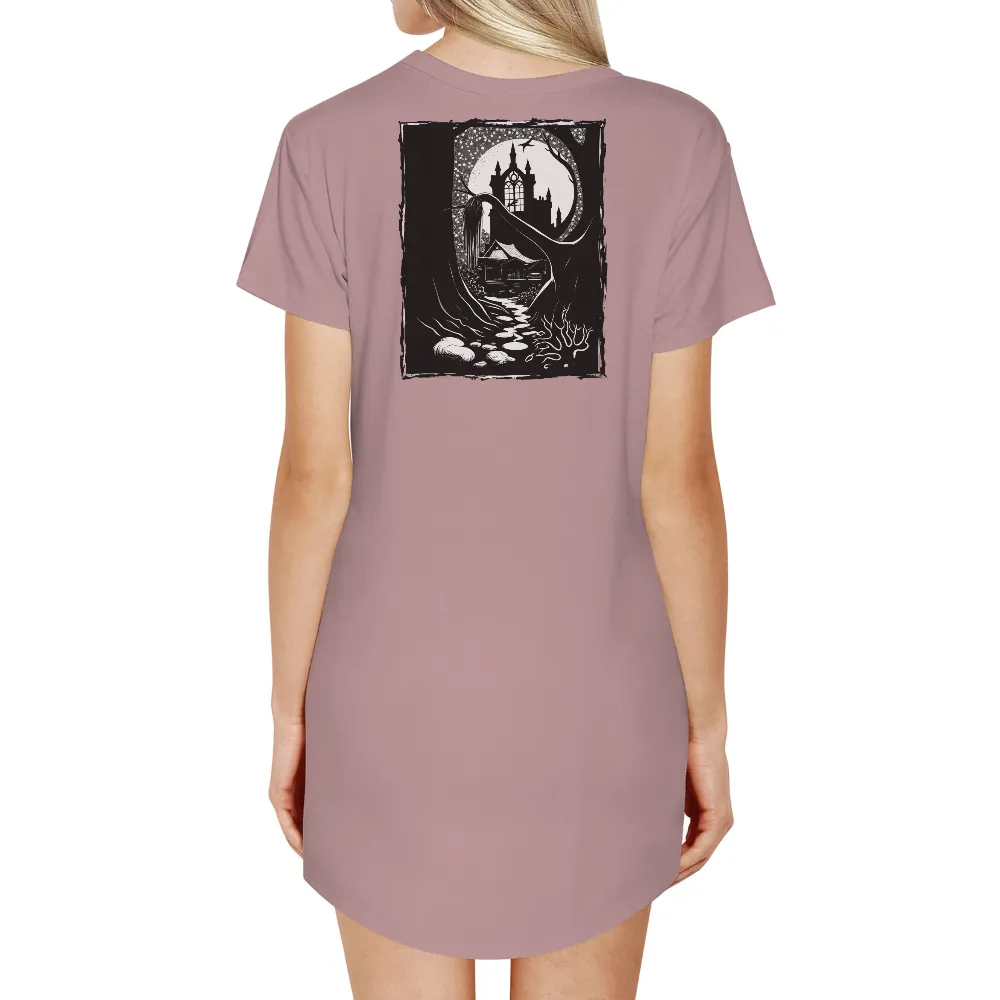 Custom Tee Shirts: Ghostly Beauty in the Moonlit Forest| Full moon in the night sky