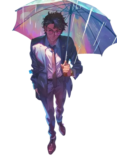 Tsukasa in a dark suit with glasses and a transparent umbrella - plastic memories tsukasa