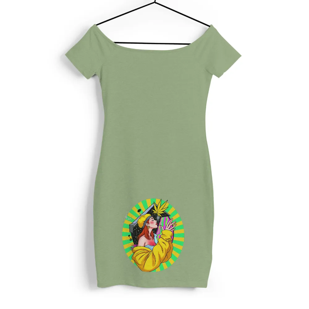 T-Shirts Design: Psychedelic Journey with Retro Rainbow and Cannabis Leaf|Young woman with red hair