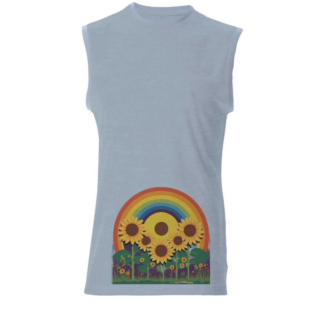 TShirt Printing: Sunflowers Under the Rainbow - Artistic Designs|navy shirt with rainbow stripe