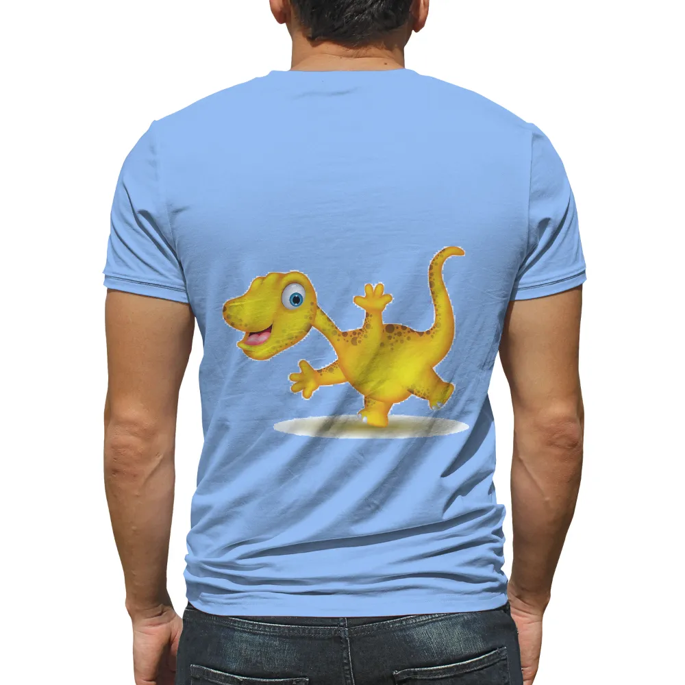 Graphic Tees: Cheerful Yellow Dinosaur - Fun and Positive Design|cartoon with green shirt