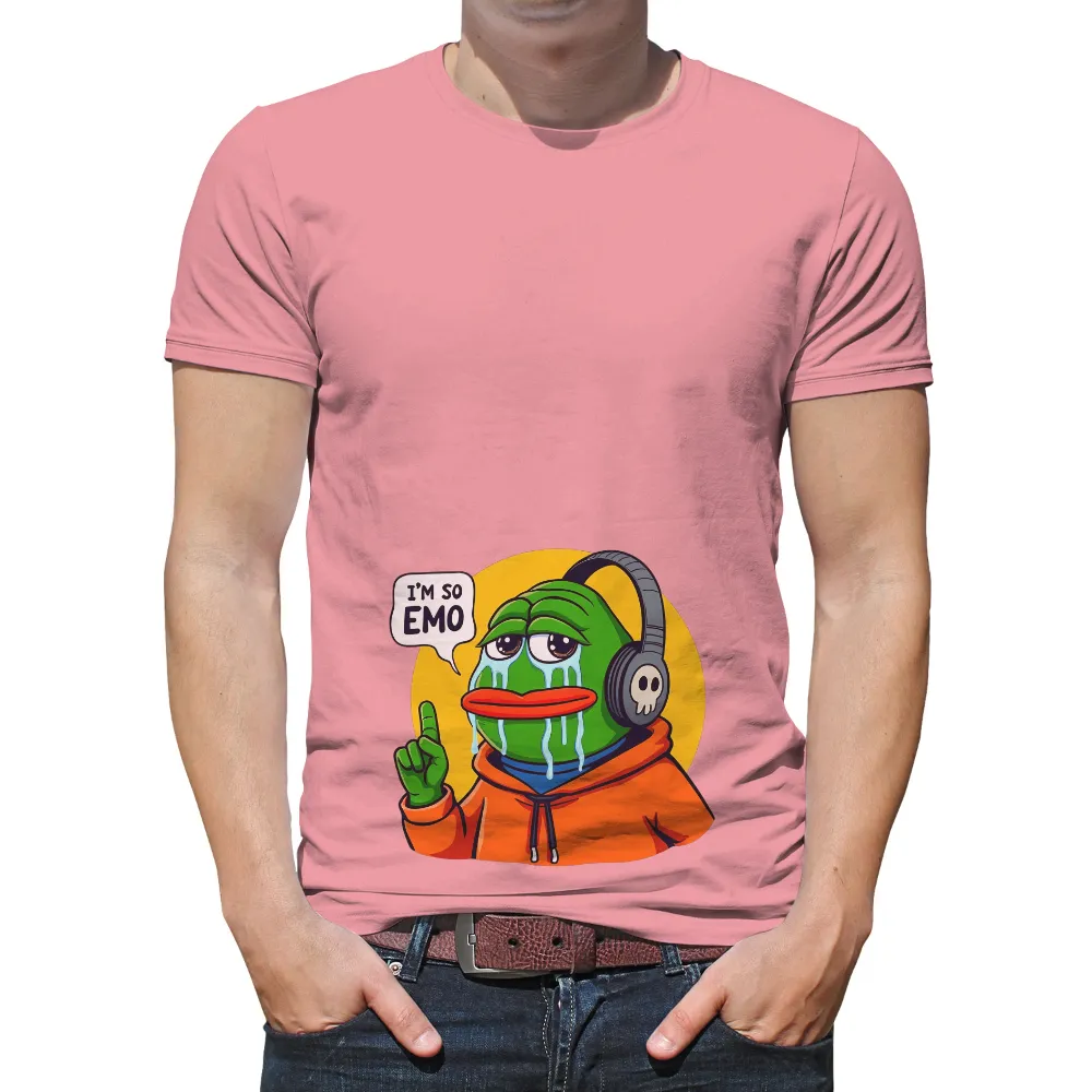 T-Shirts Custom: Emo Frog in Orange Hoodie | Funny & Quotes Tees|Green frog in orange hoodie