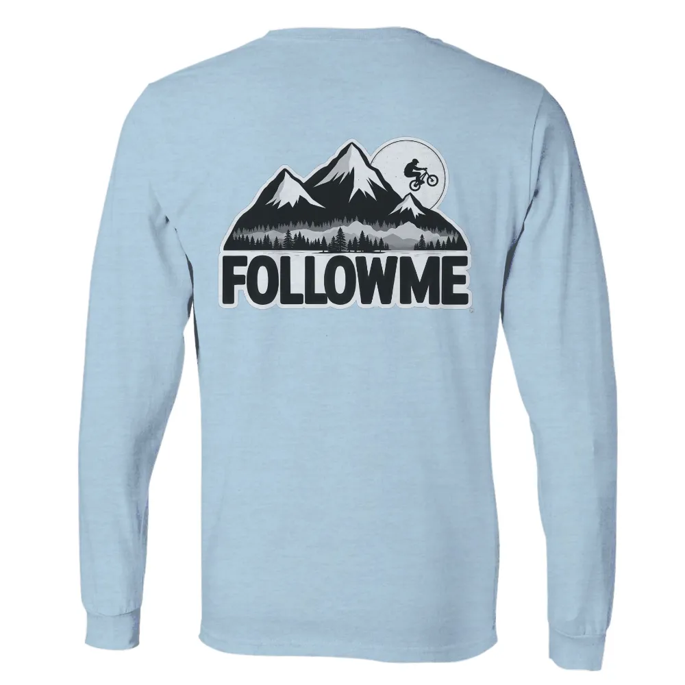 Tee Shirt Printing: Follow Me - Mountain Biking Adventure Under Full Moon| towering peaks