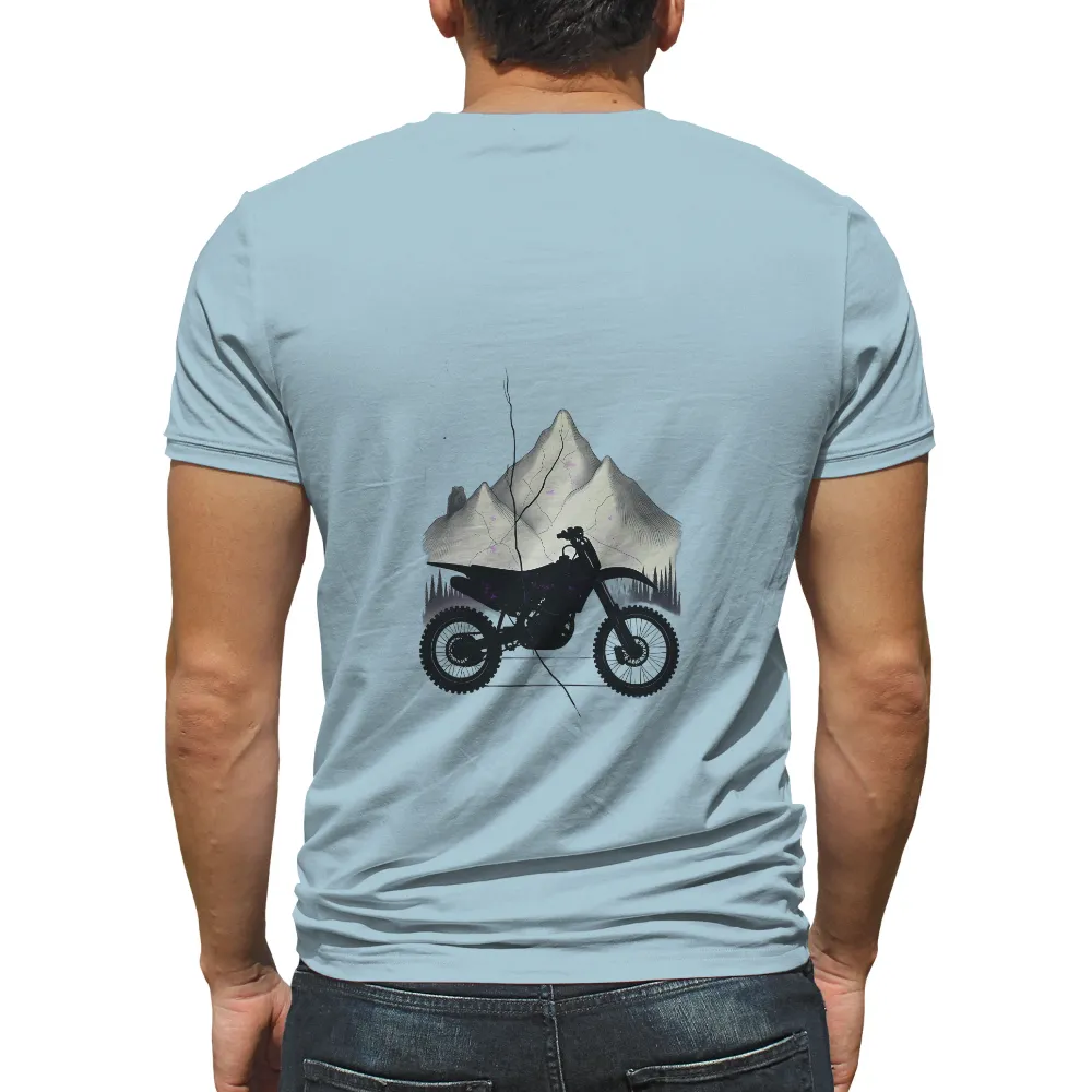 Customized Tee Shirts: Adventure Awaits with Dirt Bike and Mountains| dark background