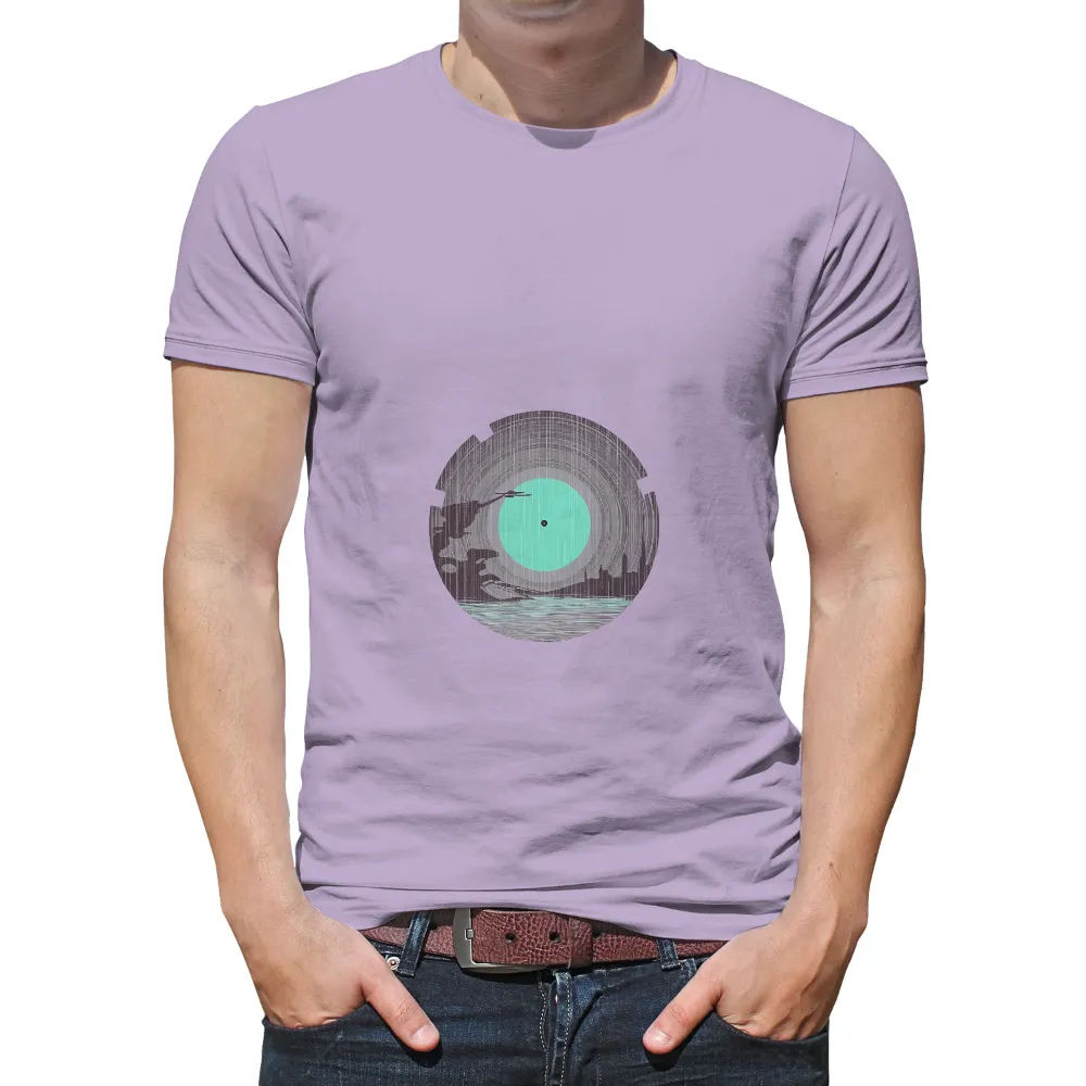 Graphic Tees: Echoes of Tomorrow - Vinyl Record Cityscape|earth day t shirt vintage