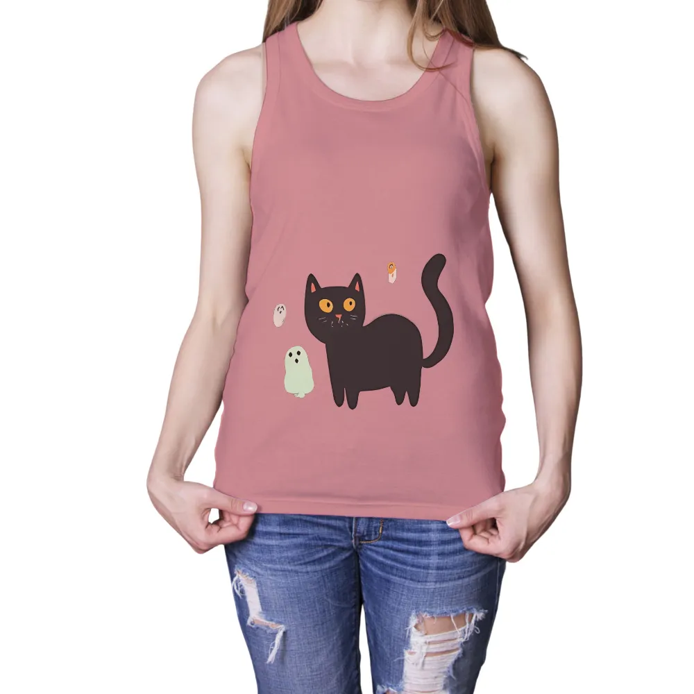 Shirts Graphic Tees: Black Cat and Ghosts - Halloween Spirit|autumn falls white shirt