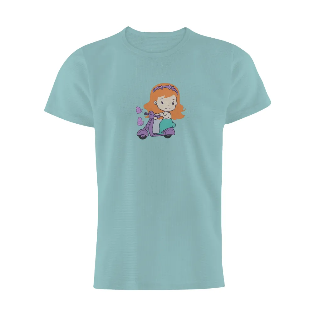 Tee Shirt Printing: Whimsical Girl on Scooter with Butterflies| Orange hair