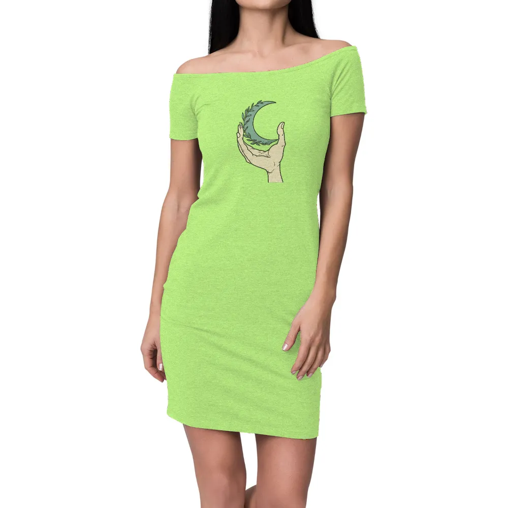 Shirts Graphic Tees: Hand Holding Crescent Moon - Artistic Design|hand crochet cotton knit shirts