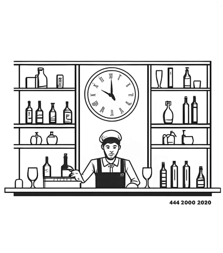 Vintage Bar Scene Art: Bartender, Bottles, Glasses, and Clock Design