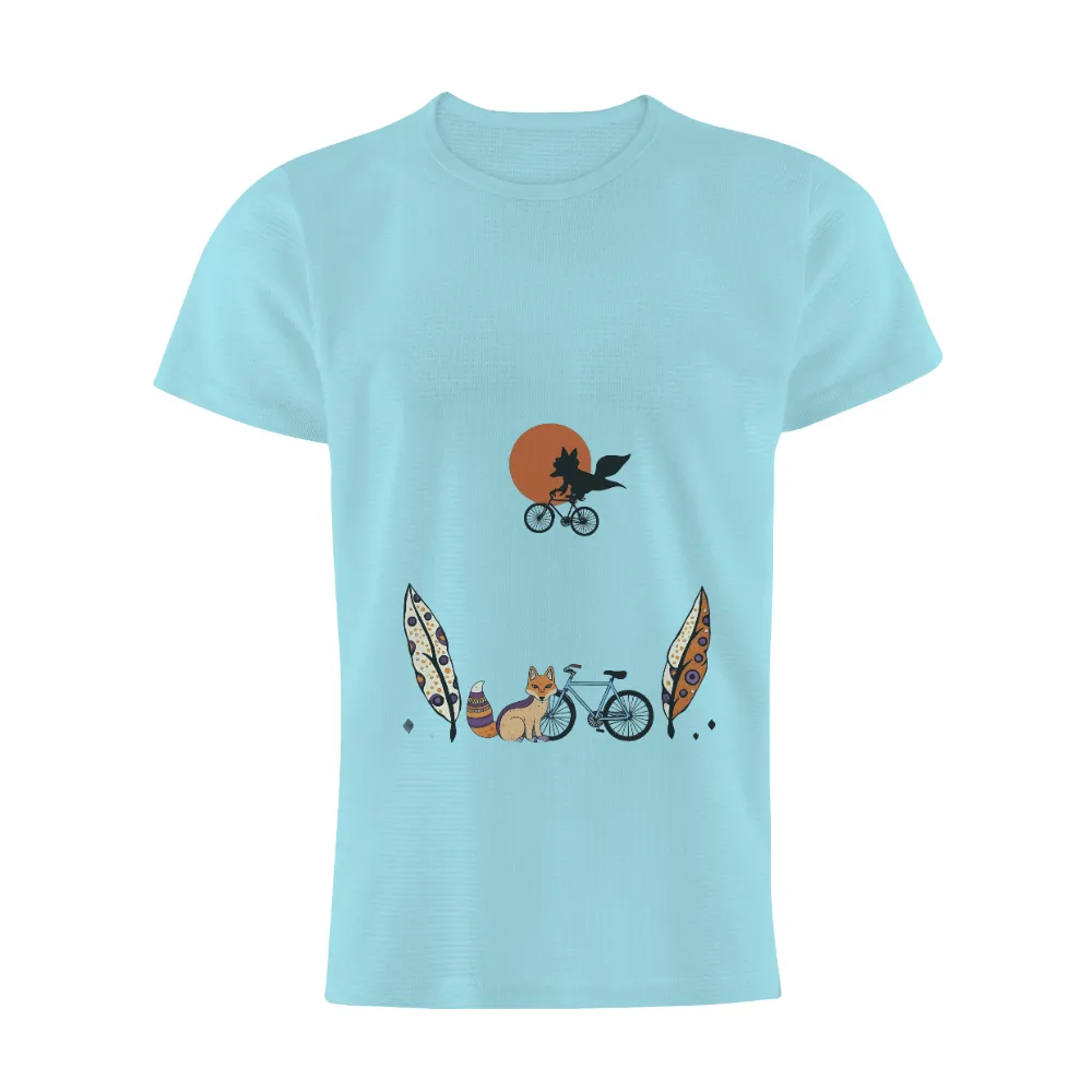 T-Shirts Design: Whimsical Fox Adventure with Feathers and Bicycle|adventure time dancing with monsters shirt