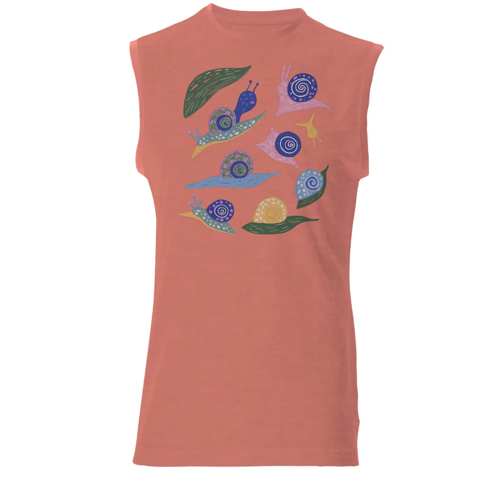 Tee Shirts Printed: Whimsical Snails in Colorful Patterns| Playful snail with pink shell