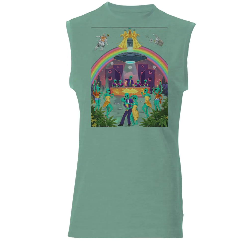 T-Shirts Design: Cosmic Party Under the Rainbow| mountains in the background