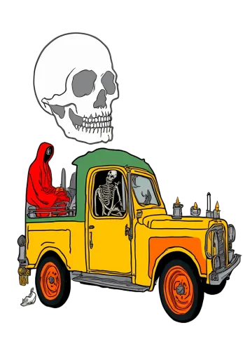 T-Shirts Pattern: Vintage Truck with Skeleton Driver and Red Cloaked Passenger