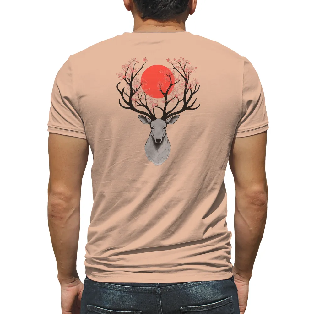 Custom Tee Shirts: Serene Deer with Cherry Blossoms - Artistic Nature Design|t shirt time red deer