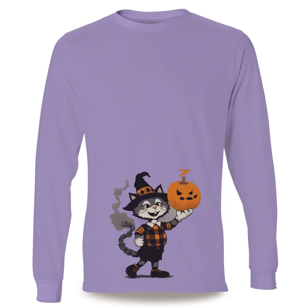 Halloween T-Shirts Pattern: Playful Cat with Pumpkin| carved pumpkin