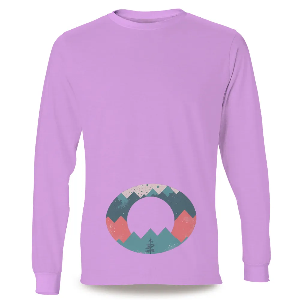 Customized Tee Shirts: Mountain Landscape | Nature-Inspired Artistic Design|Circular frame with mountains