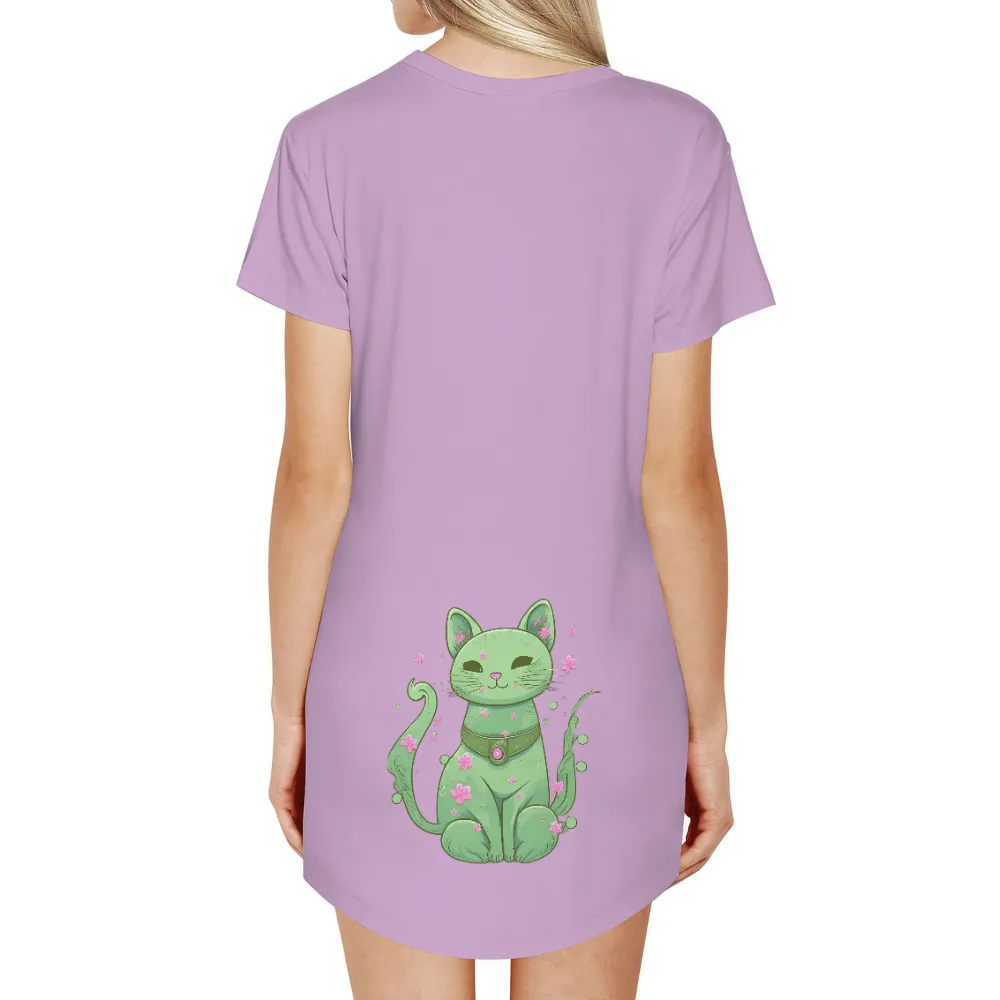 Graphic Tees: Magical Green Cat with Cherry Blossoms|forest doraemon t shirt