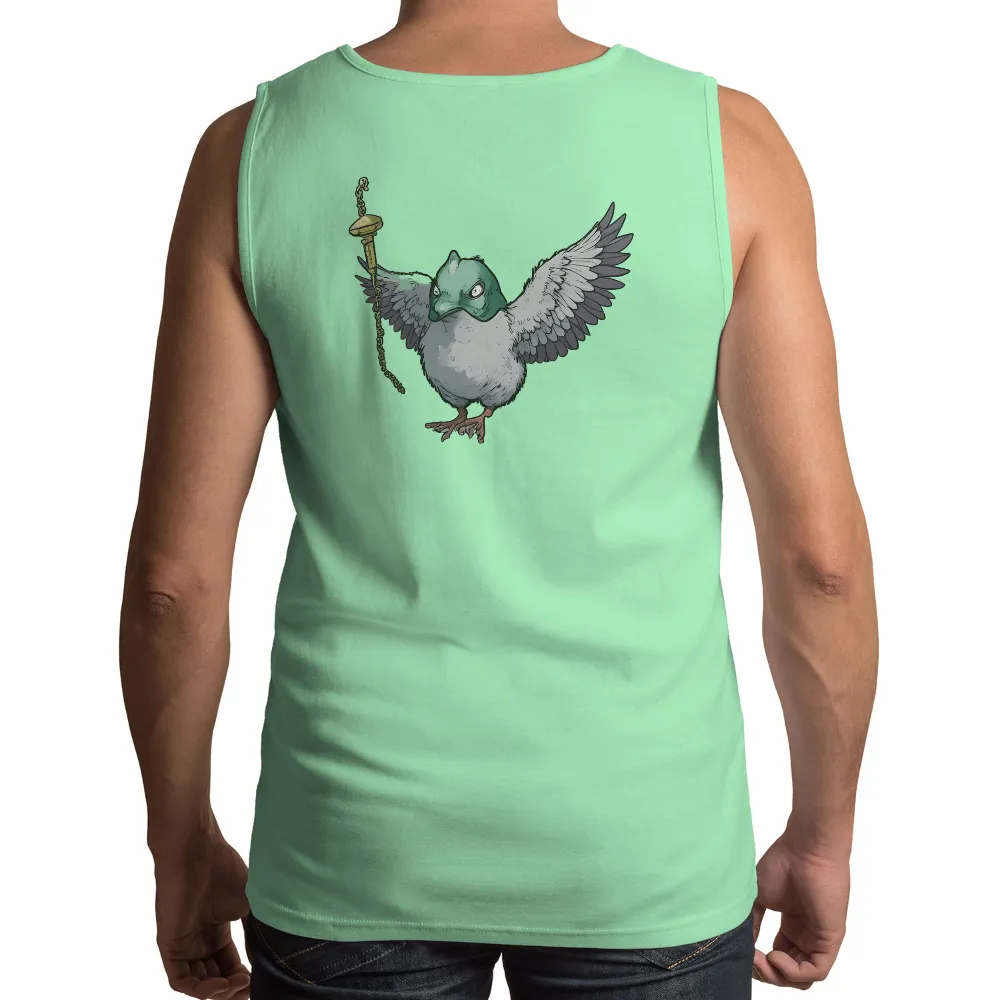 TShirt Design: Determined Bird with Mask and Golden Staff| Mysterious bird with a mission