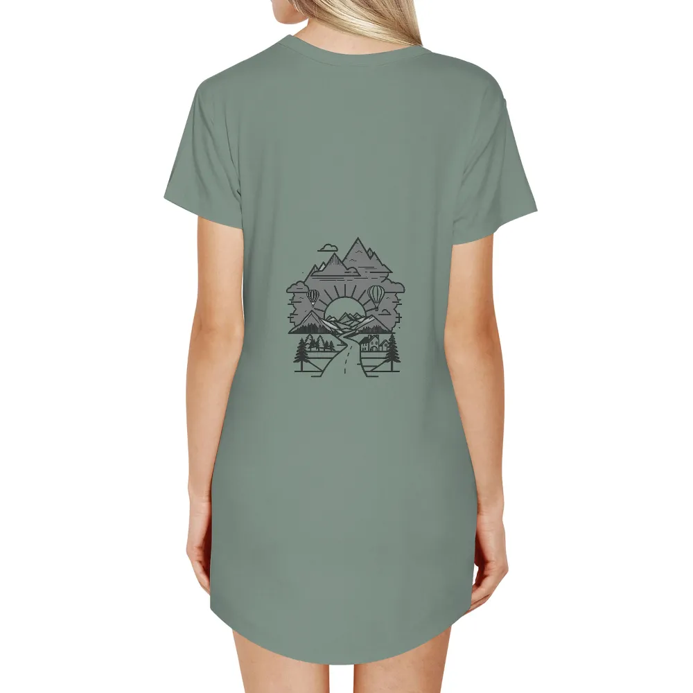 T-Shirts Pattern: Journey Through Nature with Mountains and Hot Air Balloons| trees and hills