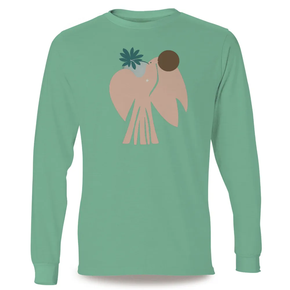 Tee Shirt Printing: Whimsical Bird with Plant and Sun - Artistic Minimalist Design|billabong setting sun shirt