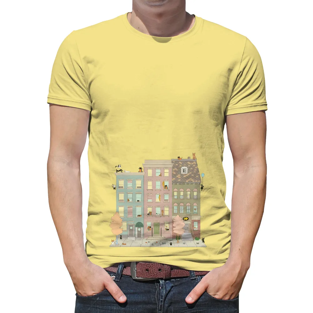 TShirt Printing: Whimsical Cats in Pastel Buildings| Charming neighborhood with cats