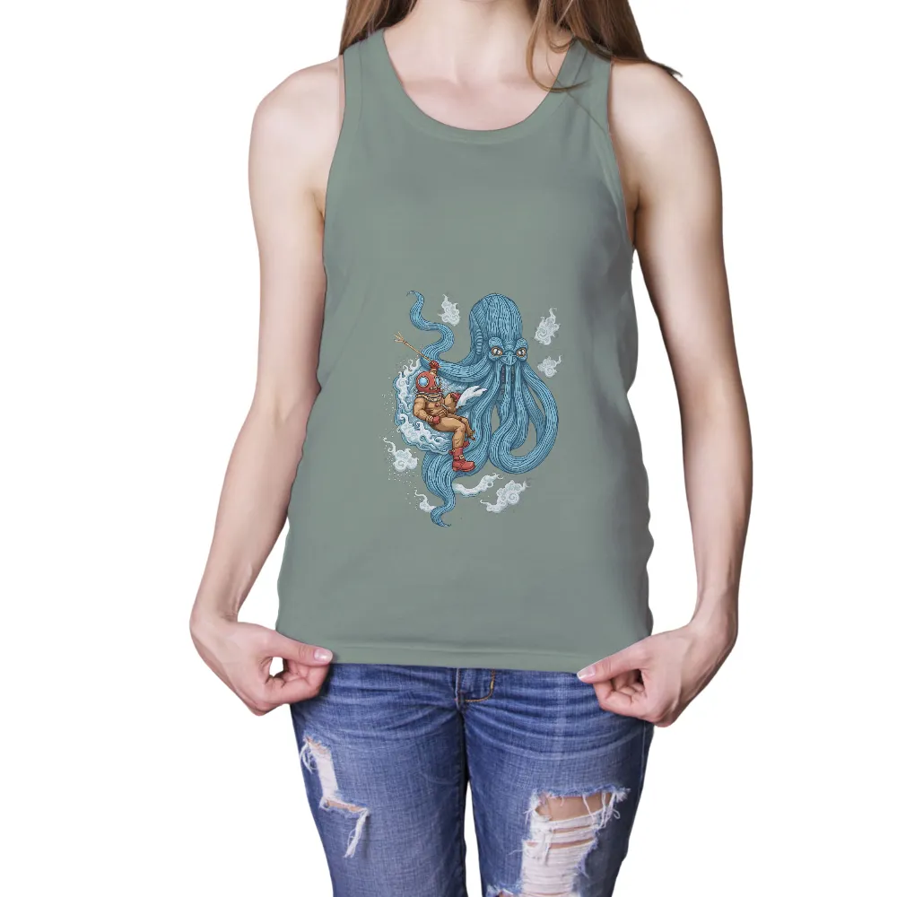 Shirts Graphic Tees: Deep Sea Adventure with Diver and Octopus| Flowing tentacles