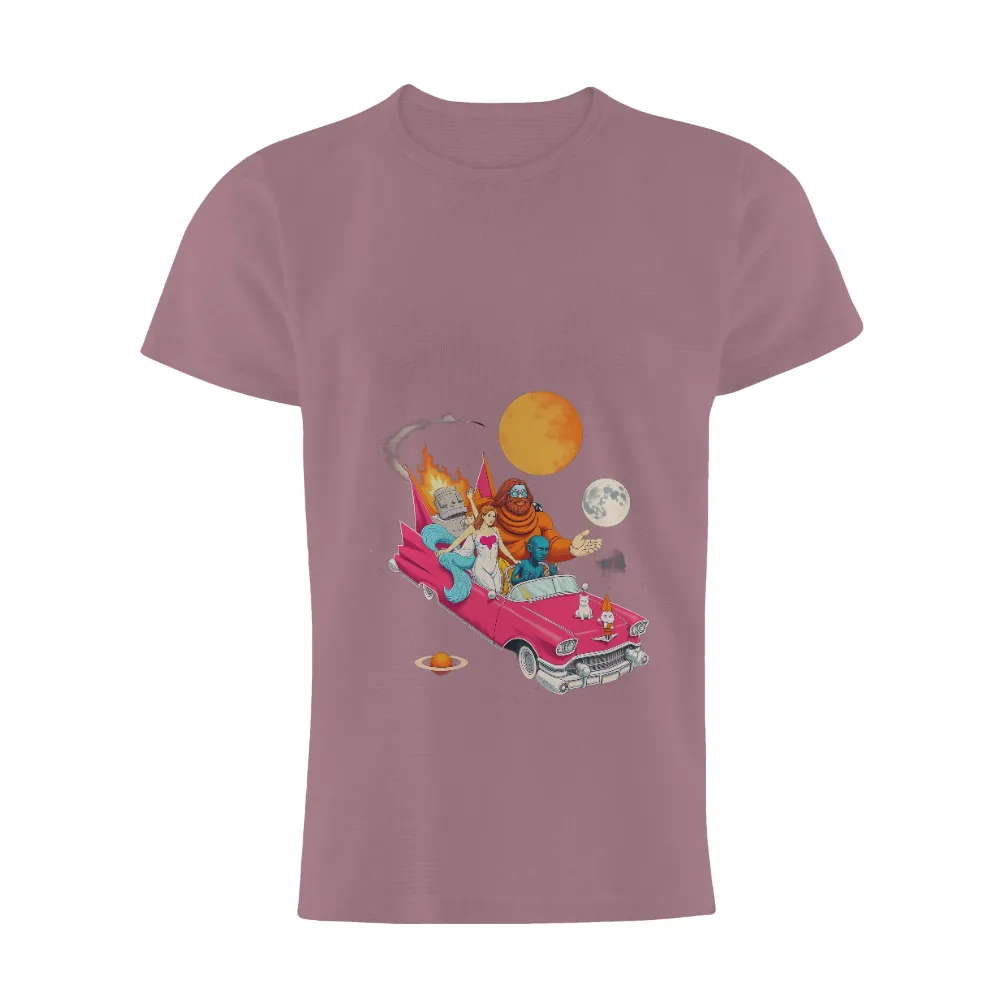 Shirts Graphic Tees: Intergalactic Journey on a Pink Cadillac| Bearded figure touching the moon