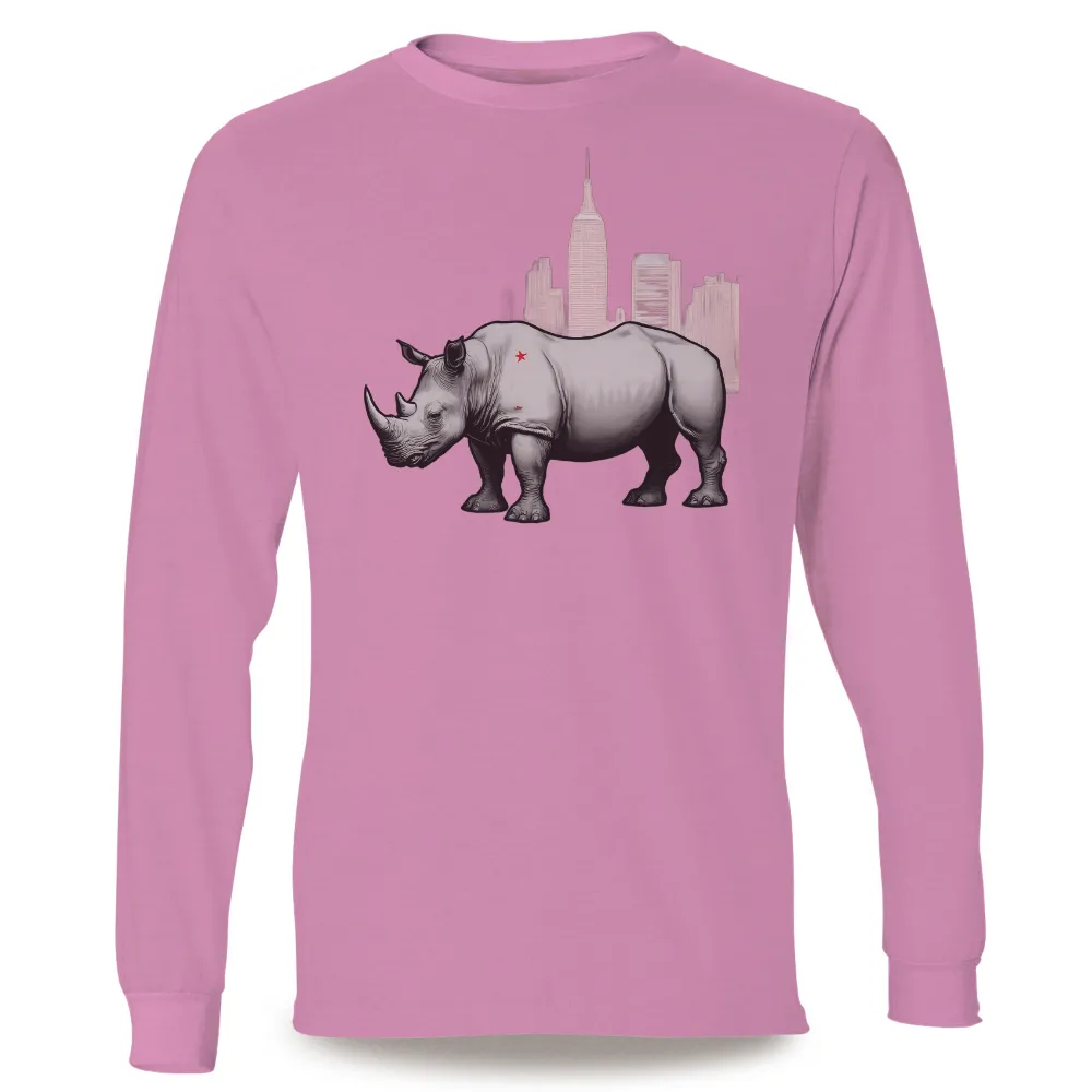 Rhino Cityscape Design: Blending Nature with Urban Strength|wildlife t shirt online