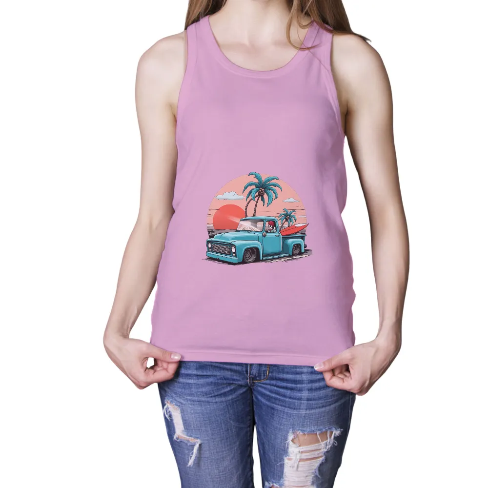 Custom Tee Shirts: Summer Adventure Skeleton Driving Pickup Truck| Surfboard in the back