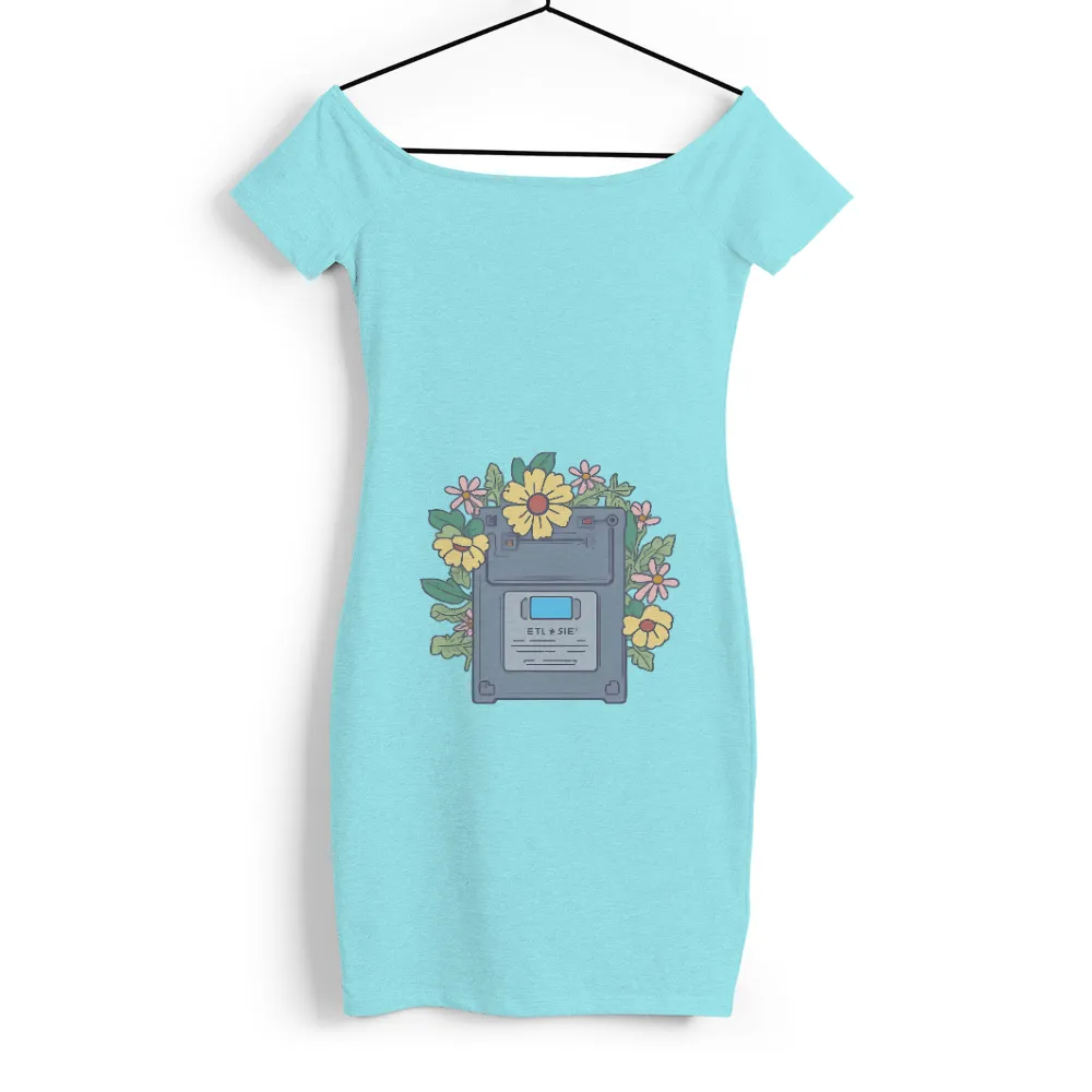 Custom T-Shirt Printing: Vintage Floppy Disk with Nature Elements|short sleeve vintage slub knit tunic t shirt for women