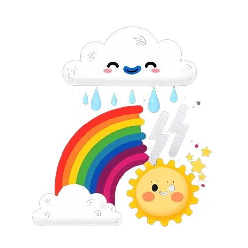 Graphic Tees: Harmony of Clouds and Suns - Cheerful Rainbow Design