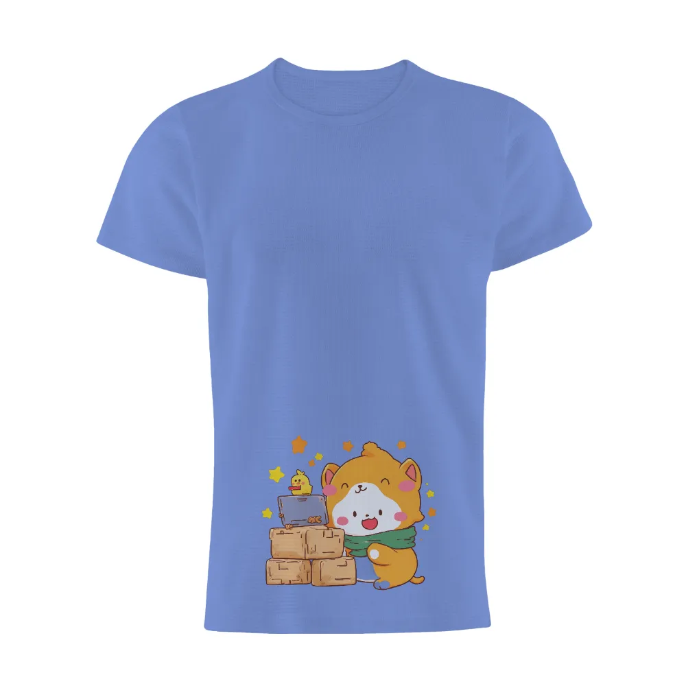 T-Shirts Design: Whimsical Animal Character with Cardboard Boxes| cozy green scarf