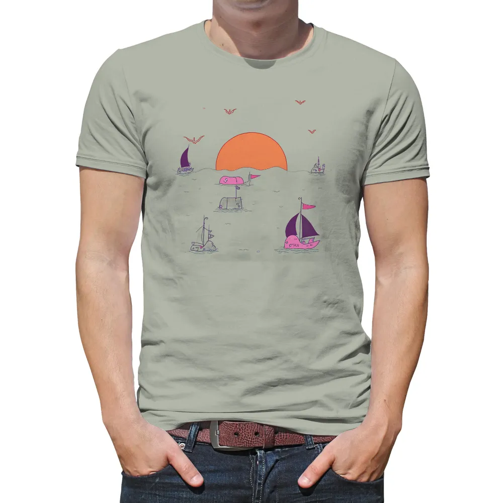 Graphic Tees: Neon Sunset with Whimsical Sailboats and Red Birds|sunset graphic tee